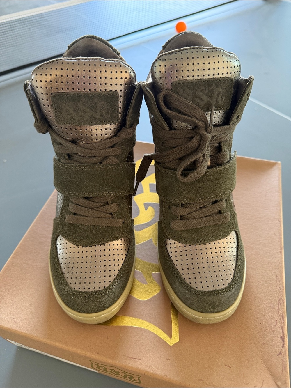 Ash Olive Green and Metallic High-Top Sneakers